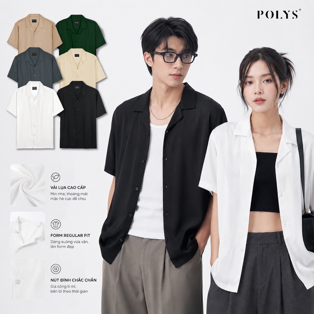 Áo sơ mi nam POLYS, Vải Chéo Thái 6 Màu dày dặn. Áo sơ mi tay ngắn Cổ Vest CUBAN SHIRT