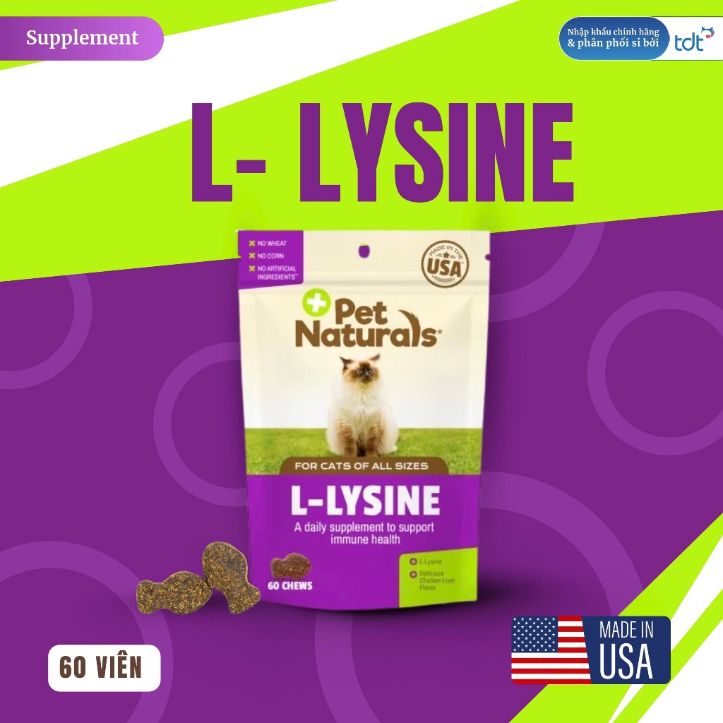 Viên Nhai Pet Naturals L-LYSINE  Bổ Sung Lysine và Hỗ Trợ Hệ Miễn Dịch Cho Mèo - Túi 60 viên