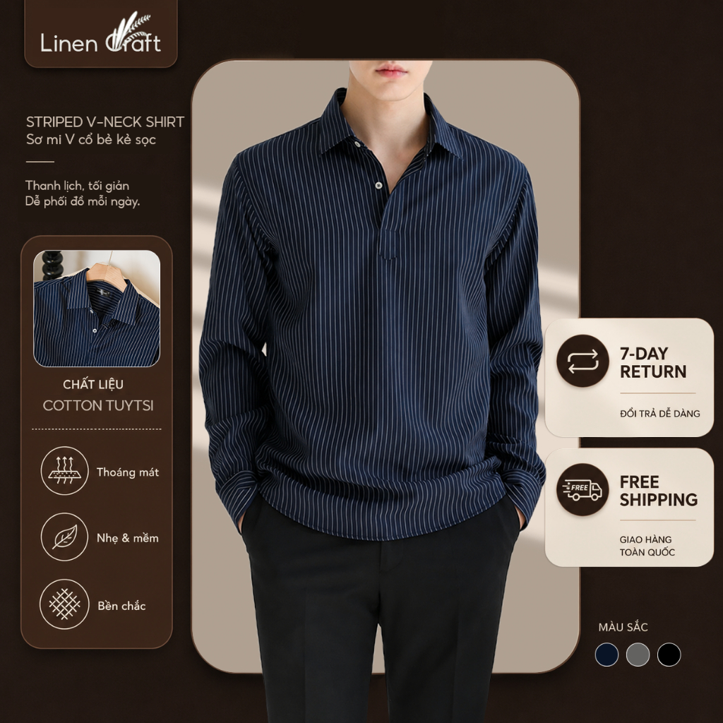 Áo sơ mi nam tay dài cổ chữ V sọc chỉ cao cấp | Tuysi cao cấp – Phom đứng nhẹ, mềm mát – Linen Craft