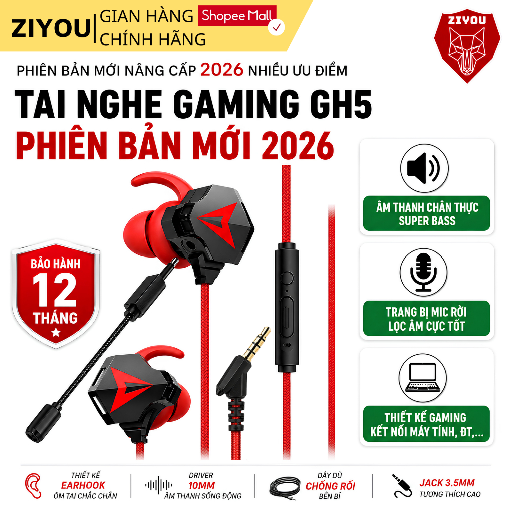 Tai Nghe Gaming Nhét Tai ZIYOU GH5 Âm Thanh Super Bass, Chống Ồn, Có Mic Tháo Rời, Tặng Bộ Phụ Kiện | BigBuy360 - bigbuy360.vn