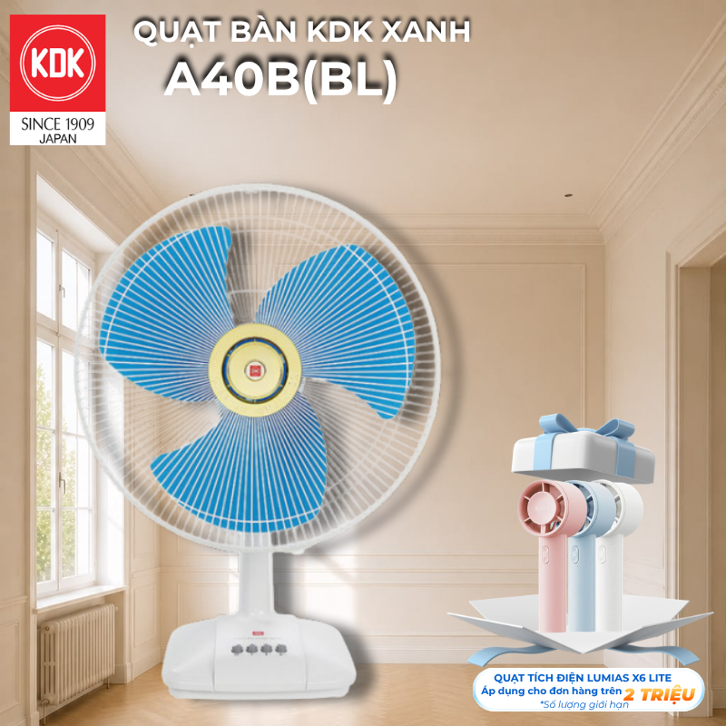 Quạt bàn Nhật 3 mức gió KDK xanh A40B (BL) - Bảo hành chính hãng 12 tháng