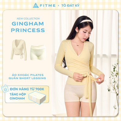 Bộ đồ tập gym yoga nữ Fitme SL áo khoác Serene chống UV phối quần đùi vàng gingham nâng dáng năng động