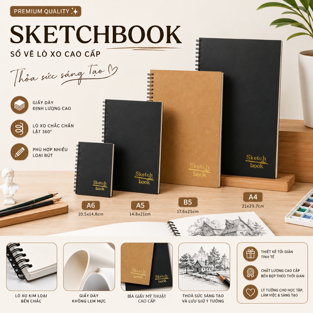 Sổ vẽ sketchbook Basic giấy kem 100gsm vẽ chì, artline, màu nước lớp mỏng bền đẹp, không lem A4-A5-A