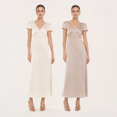 RECHIC Đầm lụa Tarina cổ V tay con suông nhẹ tiểu thư sang trọng