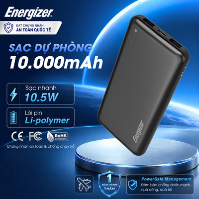 Sạc dự phòng Energizer 10000mAh - 10.5W/ 3.7V Li-Polymer, 3 cổng sạc ra, Chính hãng, Bảo hành 1 năm