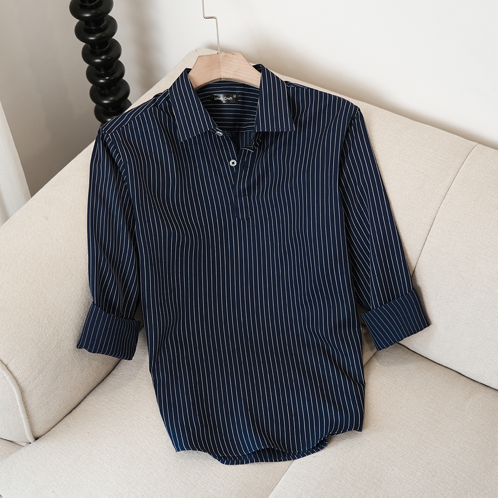 Áo sơ mi nam tay dài cổ chữ V sọc chỉ cao cấp | Tuysi cao cấp – Phom đứng nhẹ, mềm mát – Linen Craft