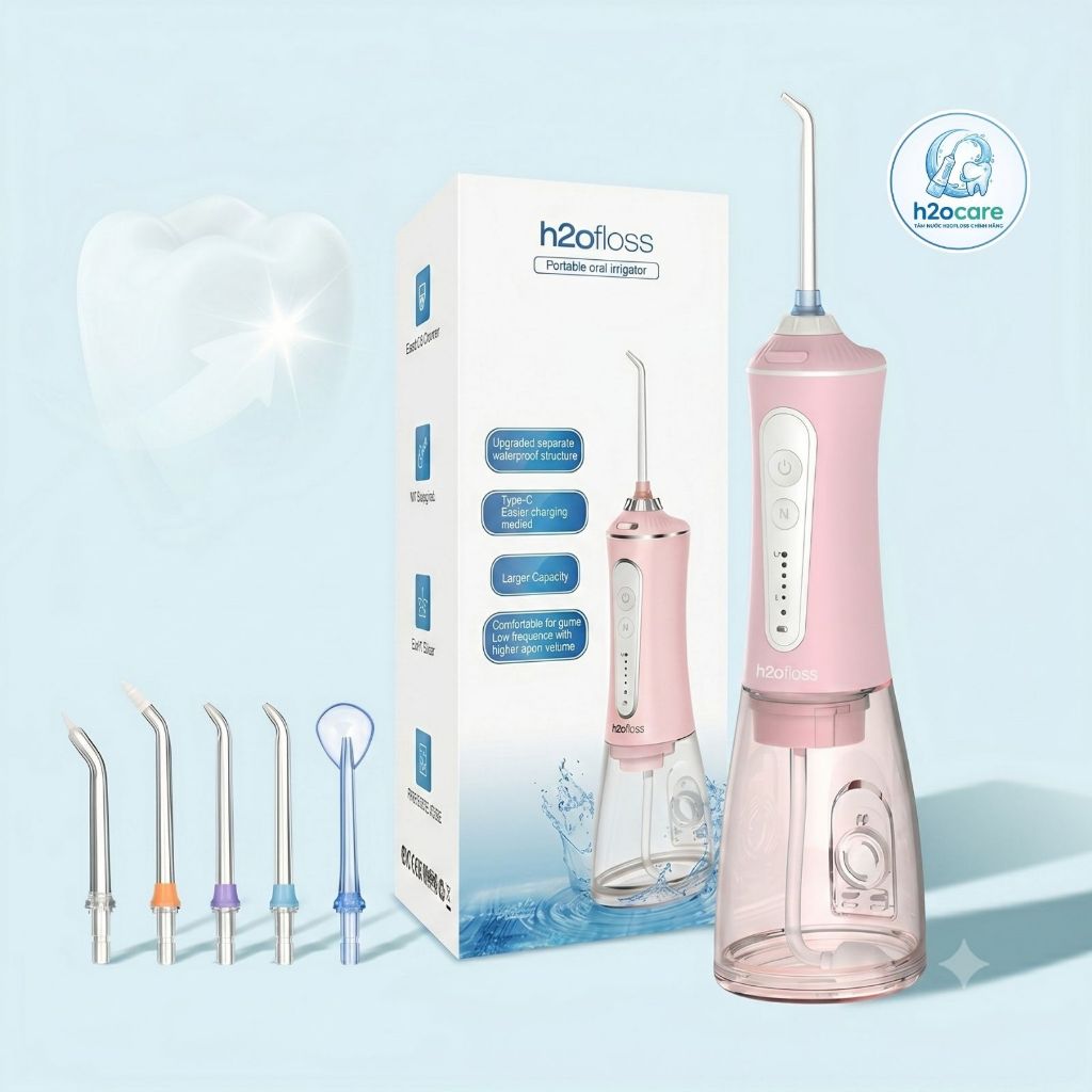 Tăm Nước H2OFloss HF-P11 MÀU HỒNG Chính Hãng - Đánh Bay Mảng Bám Chỉ Trong 1 Phút