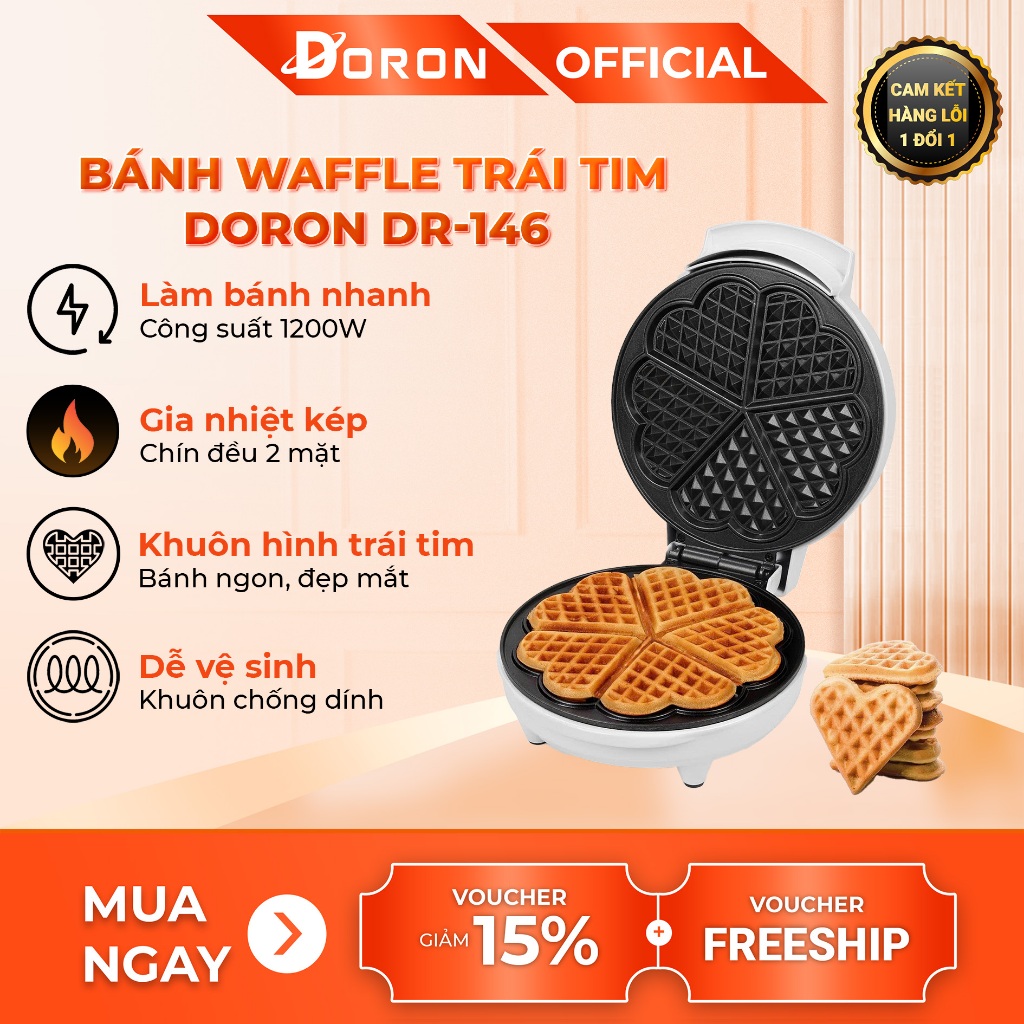 Máy nướng bánh tổ ong DORON 1200W làm nóng đều 2 mặt khuôn, bánh thơm ngon