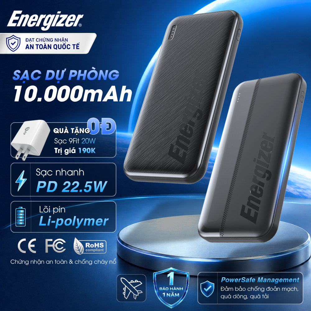 Sạc dự phòng Energizer Li-polymer 10000mAh/ 3.7V Max 15W, Sạc nhanh PD cho iP/ Samsung, 3 output, Bả