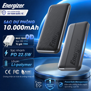 Sạc dự phòng energizer li-polymer 10000mah/ 3.7v max 15w, sạc nhanh pd cho ip/ samsung, 3 output, bảo hành 1 năm