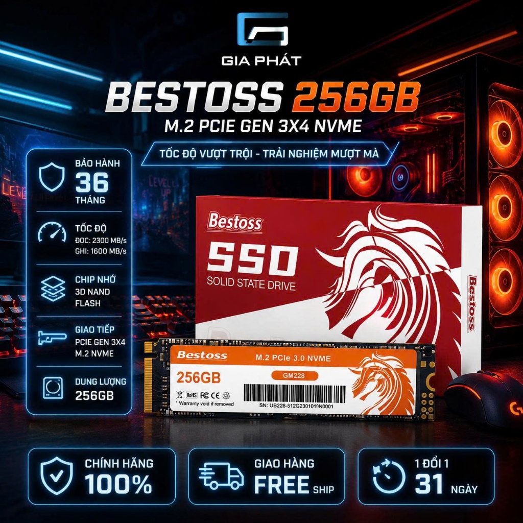 SSD NVME BESTOSS 256G M.2 PCIe GEN 3X4 - Chính hãng - FULL VAT - Bảo hành 36 tháng
