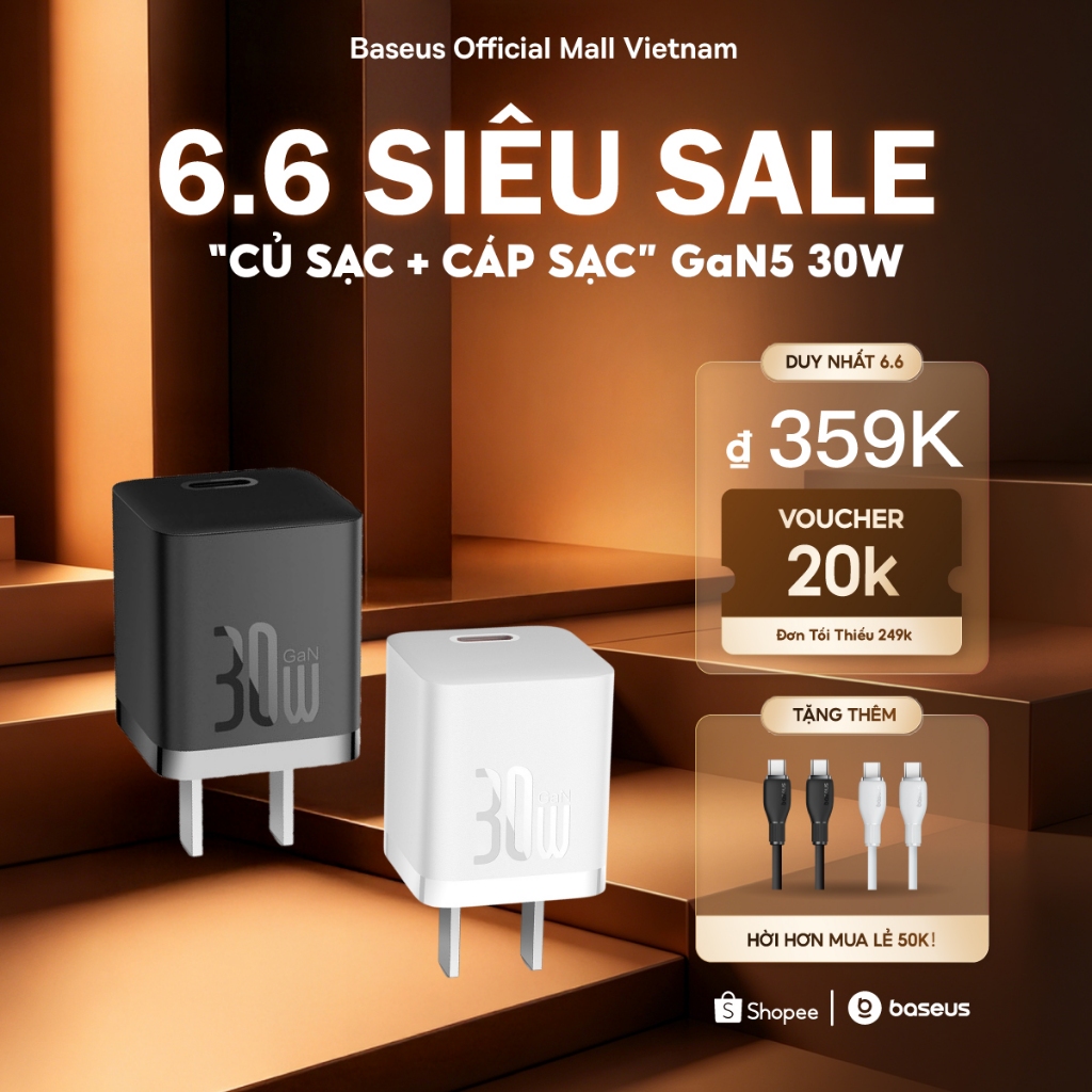 Củ Sạc Baseus 30W GaN5 Hỗ Trợ Sạc Nhanh PD QC PPS với Cáp Type C cho phone kèm dây 30W