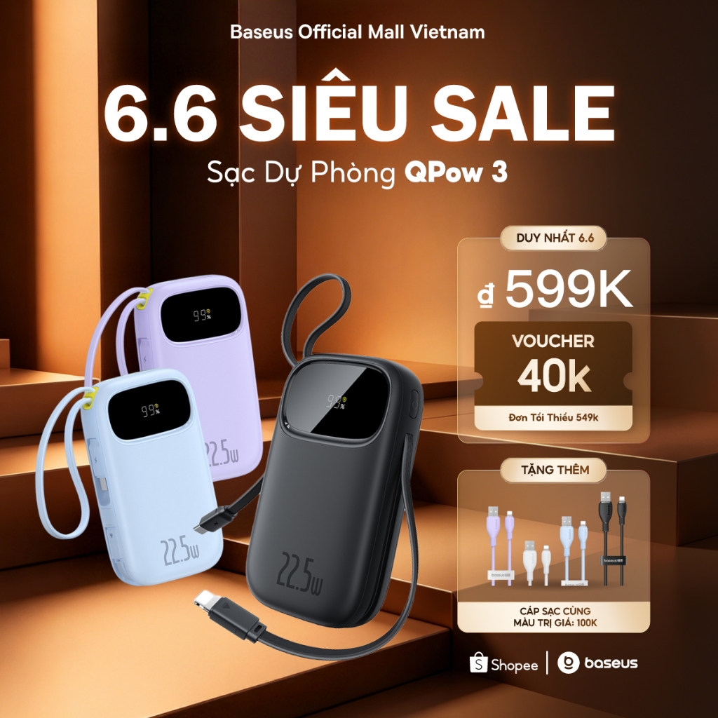 【Chứng chỉ 3C】Baseus Qpow3 Pin Dự Phòng 20000mAh/10000mAh PD22.5W Màn Số LED Cáp Kép Sạc Nhanh 2 Thiết Bị Nhỏ Gọn Bỏ Túi