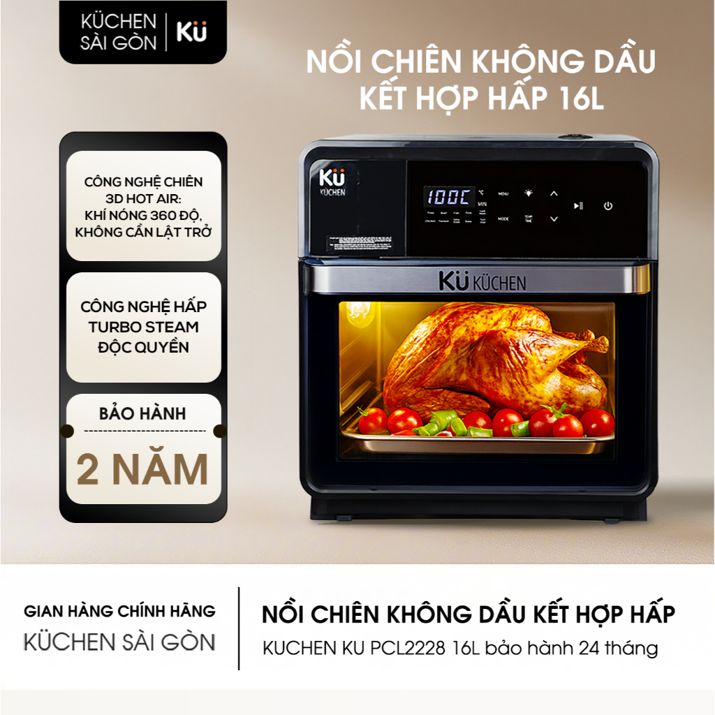 (Hỏa Tốc) Nồi Chiên Không Dầu Kết Hợp Hấp Ku Kuchen PCL2228 (16L) 11 chế độ chiên hấp, BH 2 Năm