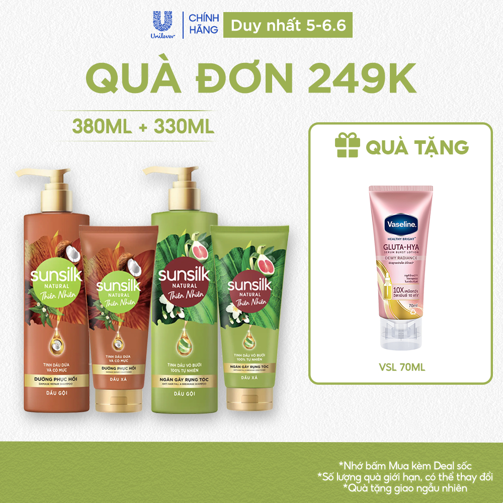 Combo Gội xả Sunsilk Thiên Nhiên Ngăn Gãy Rụng Tóc Đến 98% và Dưỡng Phục Hồi Chuyên Sâu Từ Gốc 380ml + 330ml