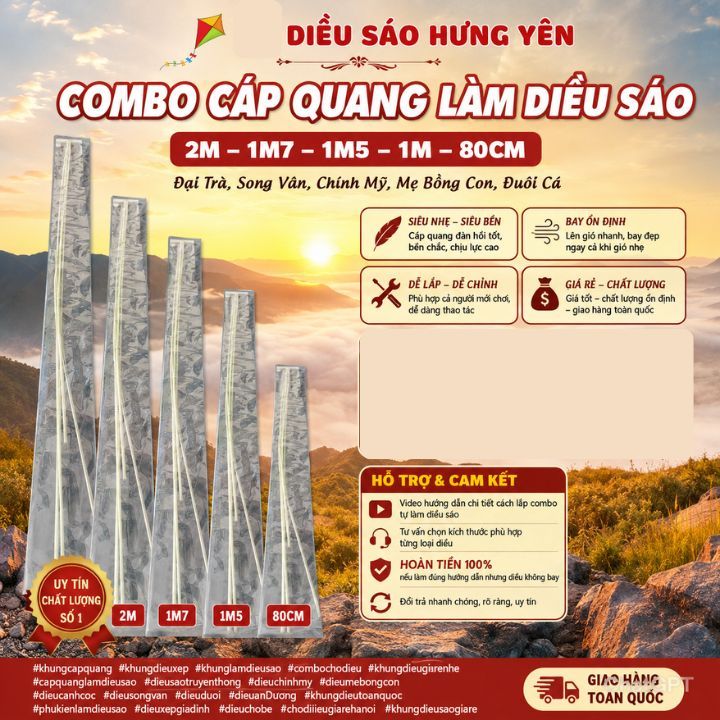 Combo Cáp Quang[ không kèm vải hoặc áo ]   Tự Làm Diều Sáo – Đại Trà, Song Vân, Chính Mỹ, Mẹ Bồng Con, Đuôi Cá | 2m | 1m