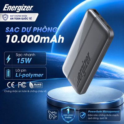 Sạc dự phòng Energizer 10000mAh Sạc nhanh 15W, 3 cổng sạc cho iPhone/ Samsung, Chính Hãng, BH 1 năm