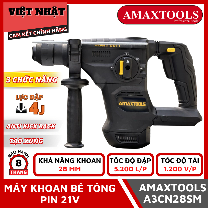 Thân máy khoan bê tông AMAXTOOLS A3CN28SM, khả năng khoan 28mm, tốc độ đập 5.200l/p, tốc độ tải 1200
