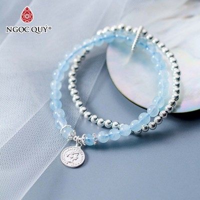 Vòng tay đá Aquamarine tự nhiên phối charm - Mẫu VC0306 - Ngọc Quý
