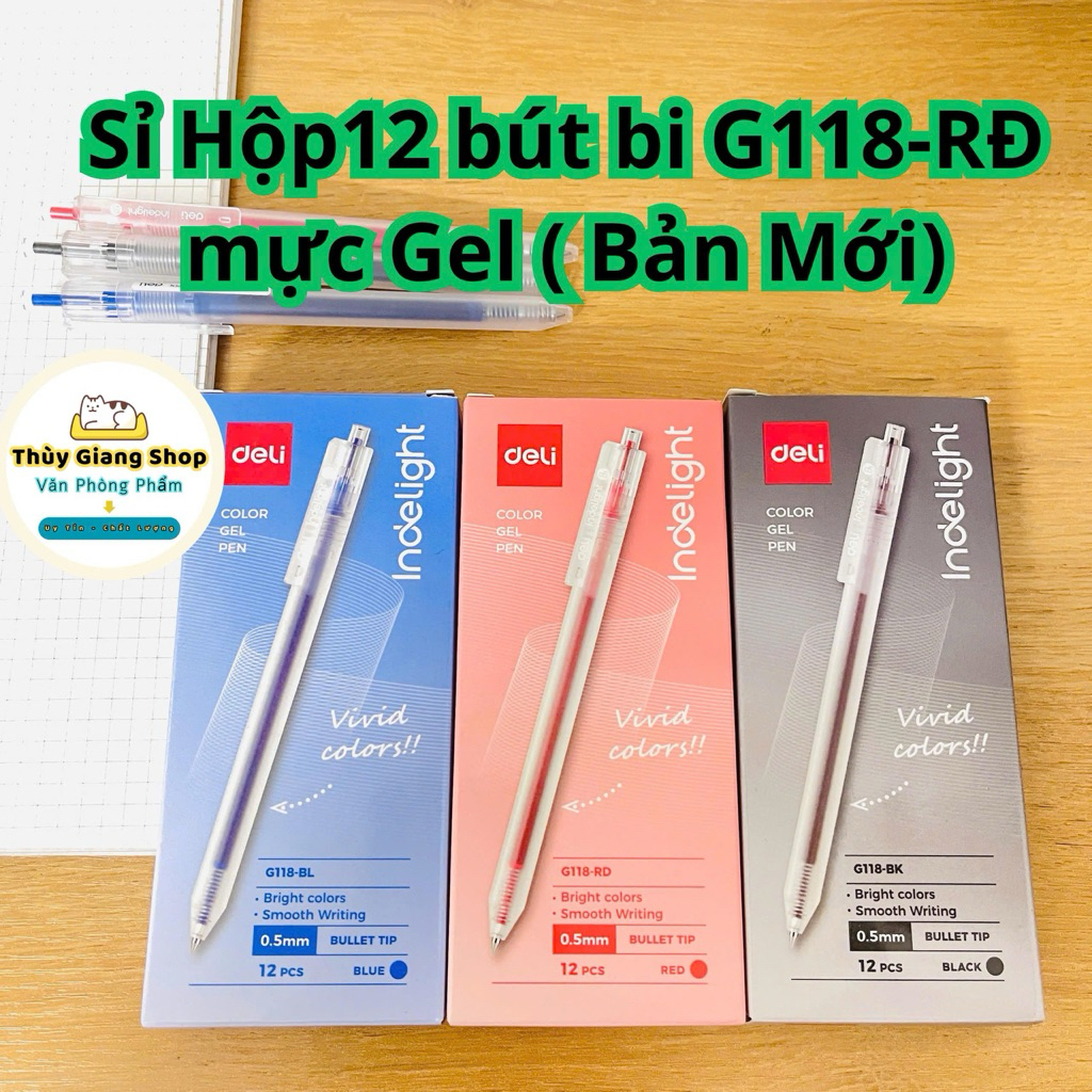 Sỉ Hộp 12 bút Gel Deli G118 ( mẫu mới) ngòi 0.5mm, mực ra đều viết mượt siêu êm.