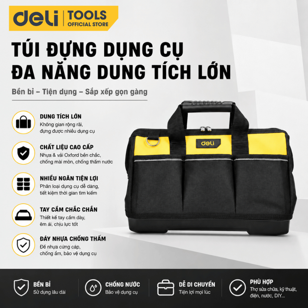 TÚI ĐỰNG ĐỒ NGHỀ DỤNG CỤ SỬA CHỮA DELI CÓ QUAI ĐEO - CHẤT LIỆU VẢI OXFORD CHỐNG NƯỚC, CHỐNG RÁCH