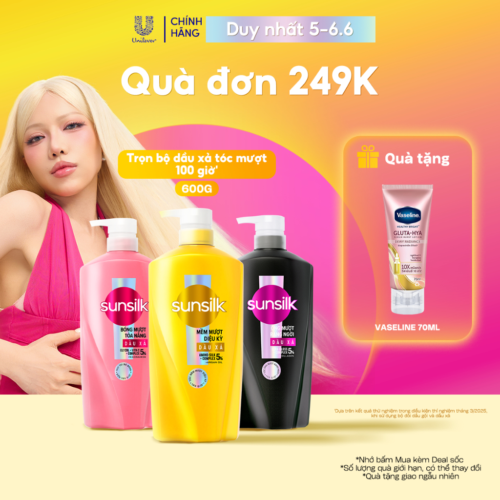 Kem xả Sunsilk cho tóc Mượt 100h (Bóng mướt-  Luminous UV / Đen óng - Glossy Black / Mềm mượt - Silky Smooth) 600g | BigBuy360 - bigbuy360.vn