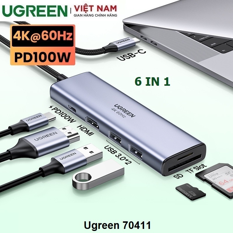 HUB bộ chuyển đổi USB Type C sang HDMI/USB 3.0/SD/TF hỗ trợ sạc cổng USB Type-C chính hãng Ugreen 70