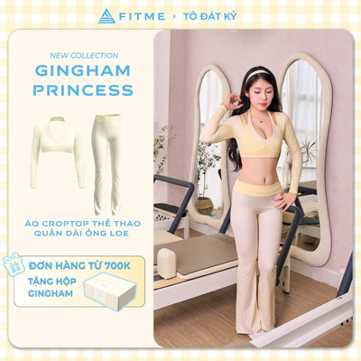 Bộ đồ tập gym pilates yoga nữ Fitme SL áo croptop Starlet vàng pastel phối quần ống loe Divine tôn dáng