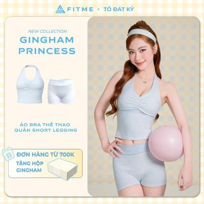 Bộ đồ tập gym pilates yoga nữ Fitme SL áo bra Muse phối quần đùi Sparkle xanh gingham co giãn tôn dáng