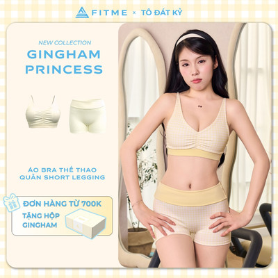 Bộ đồ tập gym pilates yoga nữ Fitme SL áo bra Rosy phối quần đùi vàng gingham co giãn tôn dáng