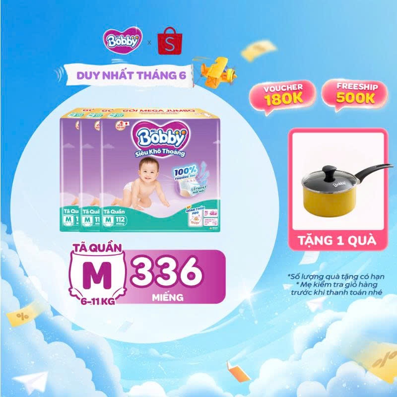 [Voucher đến 30%] Combo 3 tã quần Bobby Siêu Khô Thoáng - 100% Thoáng Khí Mega Jumbo size M112