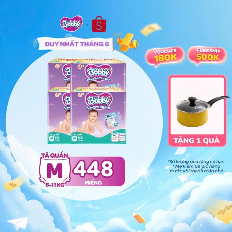 [Voucher đến 30%] Combo 4 tã quần Bobby Siêu Khô Thoáng - 100% Thoáng Khí Mega Jumbo size M112