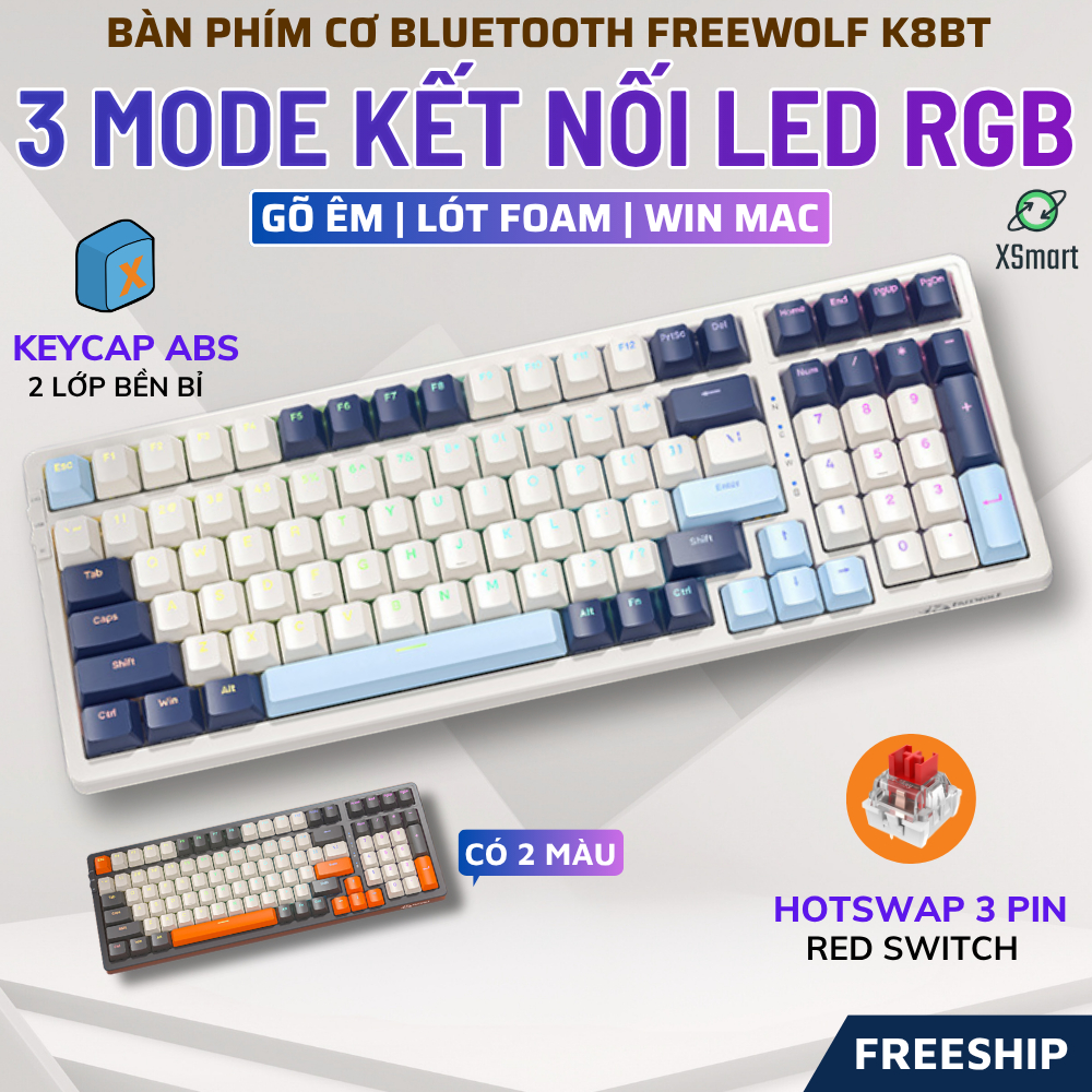 Bàn Phím Cơ Không Dây Máy Tính K8BT Bluetooth 5.0 Hotswap Red Switch LED Gaming, Gõ Êm, Lót Foam