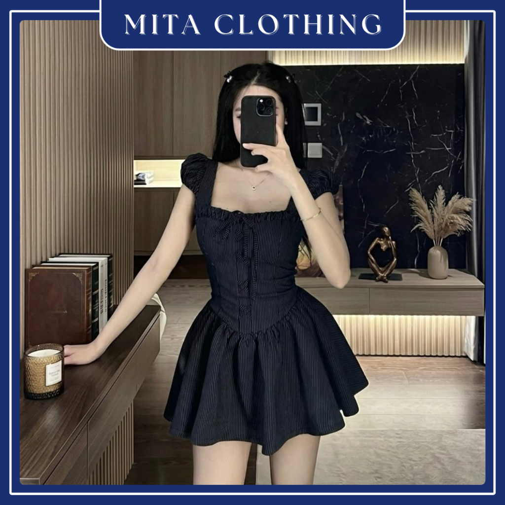 Đầm tiểu thư cổ vuông tay phồng dáng trễ hoạ tiết kẻ sọc phối nơ phong cách dễ thương MPB-R06-mita.c