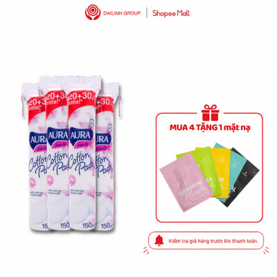 Combo 4 Gói Bông Tẩy Trang Aura Beauty 150 Miếng/Gói (600 Miếng) Cotton Pads Mềm Mịn Tặng Mặt Nạ Hàn