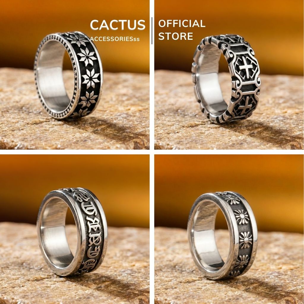 Nhẫn nam Chrome Cactus Acc phụ kiện thời trang đôi, Titan mạ bạc phong cách cổ điển Vintage Retro