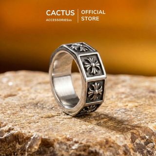 Nhẫn nam Chrome Cactus Acc phụ kiện thời trang đôi, Titan mạ bạc phong cách cổ điển Vintage Retro