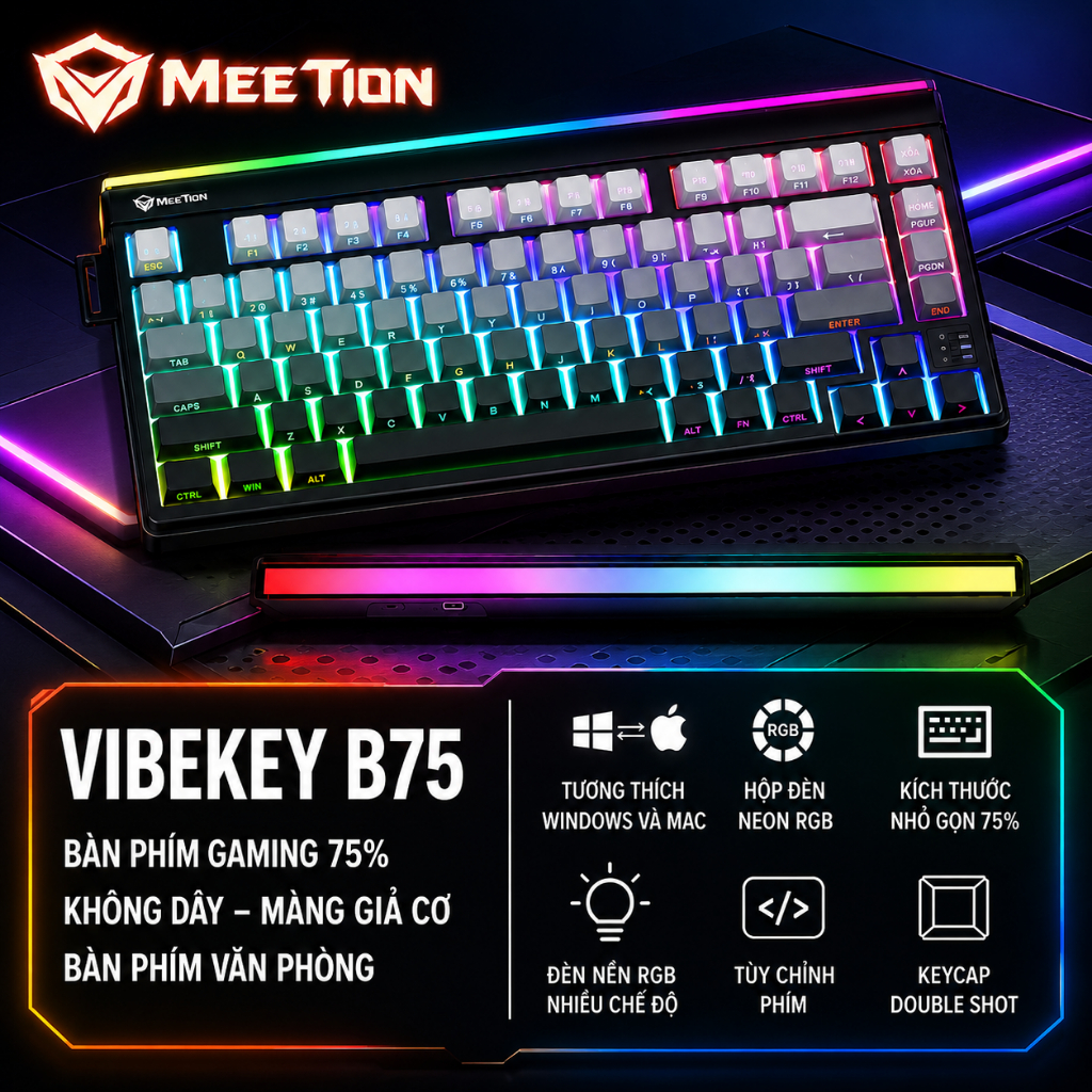 Bàn phím không dây gaming chống ồn Meetion Vibekey B75, layout 75 phím, kết nối Cáp/USB 2.4G/Bluetoo