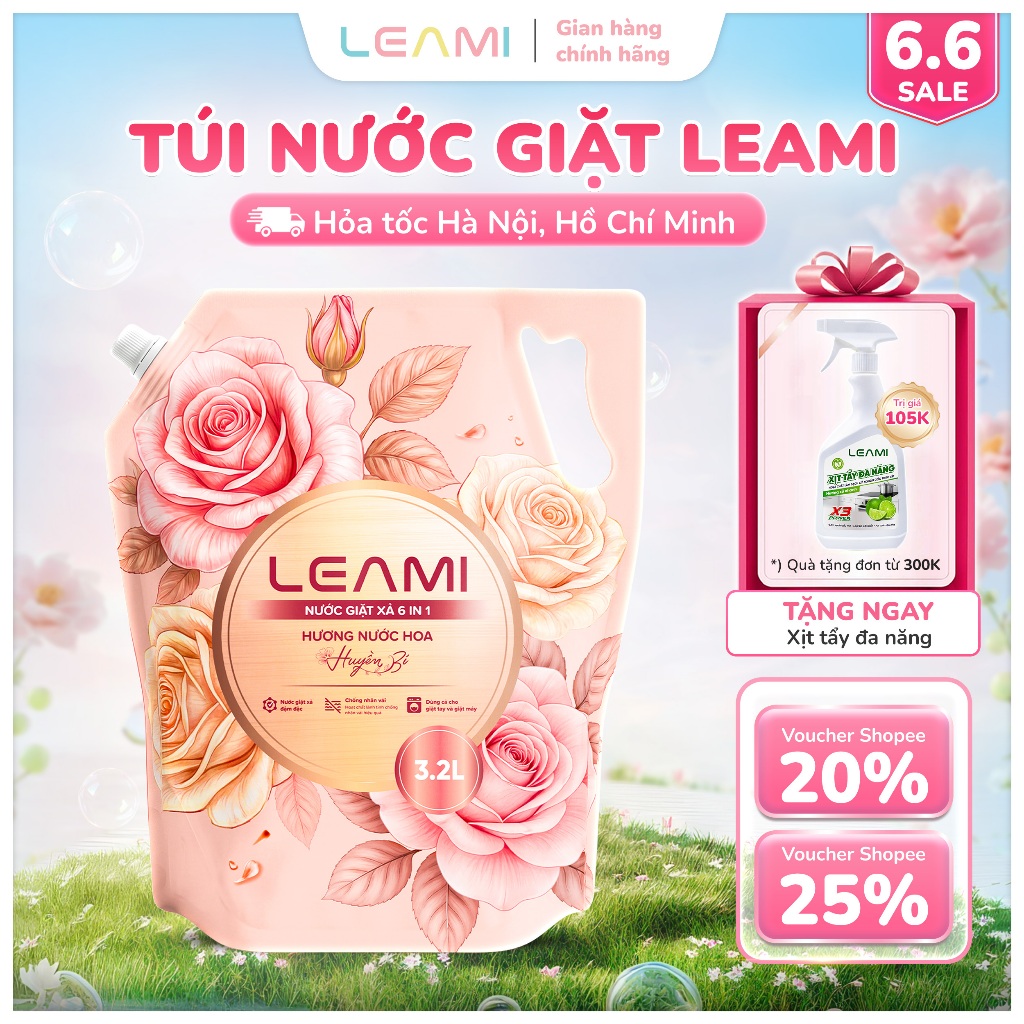 Nước Giặt Xả Cao Cấp LEAMI 3.2L/Túi - Công Thức Cải Tiến, Lưu Hương Đa Điểm, Hương Nước Hoa Huyền Bí