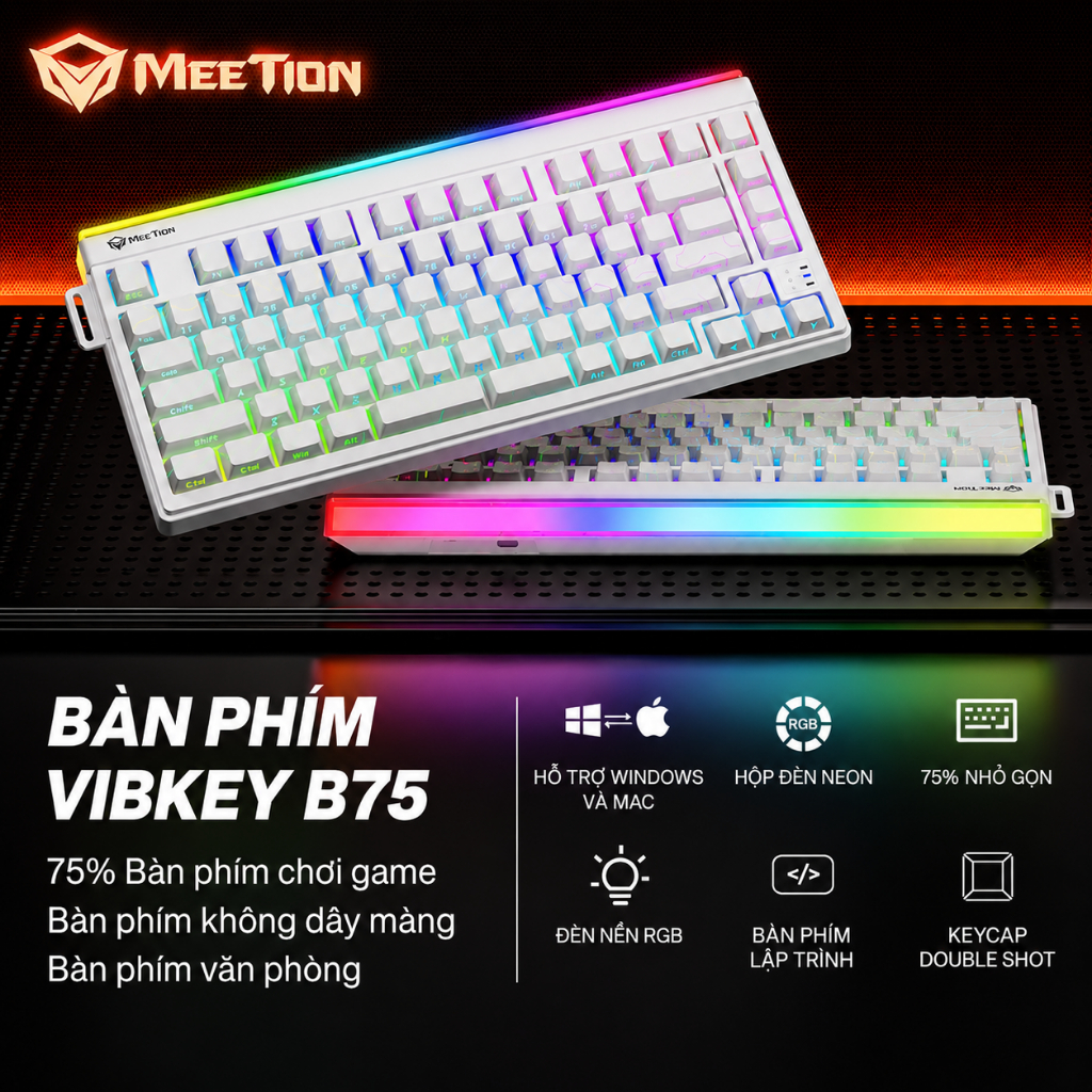 Bàn phím không dây gaming chống ồn Meetion Vibekey B75, layout 75 phím, kết nối Cáp/USB 2.4G/Bluetoo