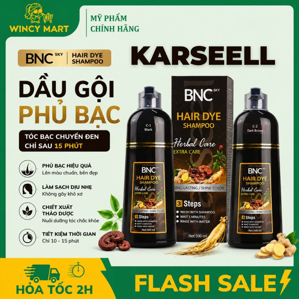 Dầu Gội Phủ Bạc Thảo Dược Karseell Đen C1 Nâu C2 Hair Dye Shampoo 500ML-Wincy Mart