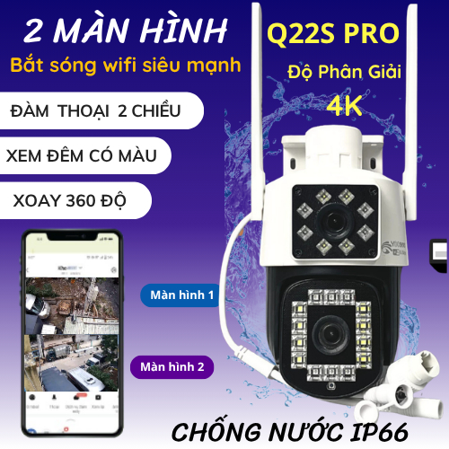 Camera Yoosee Wifi 2 Mắt Q22S PRO XEM 2 MÀN HÌNH cùng lúc xoay 360 Độ, IP66 , Đàm Thoại 2 Chiều, Ban