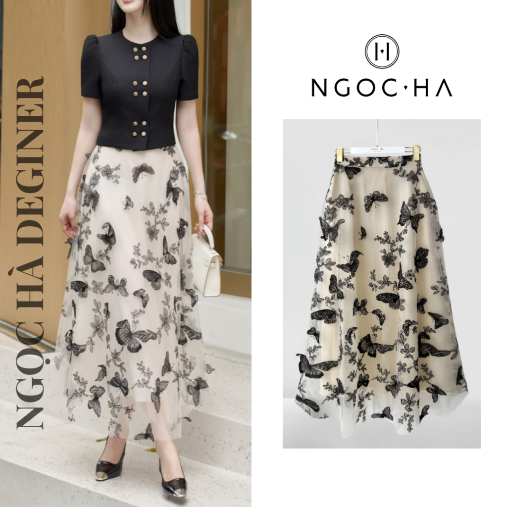 Chân Váy Bella Skirt Váy Xòe Thêu Hoa Nổi Váy Thiết Kế Cao Cấp NGOC HA Design CV121