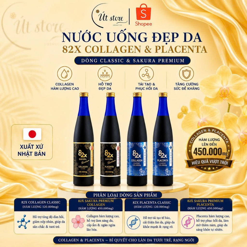 Nước Uống Đẹp Da 82X Collagen Và Placenta Nhật Bản Dòng Classic Và Sakura Premium