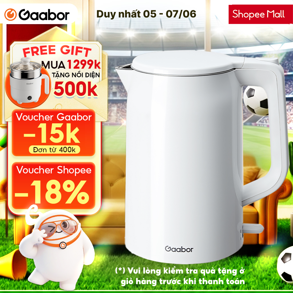Ấm siêu tốc 2L Gaabor EK20M-WH01A trắng bình đun công suất 1500W cao cấp ấm đun innox 304 cách nhiệt
