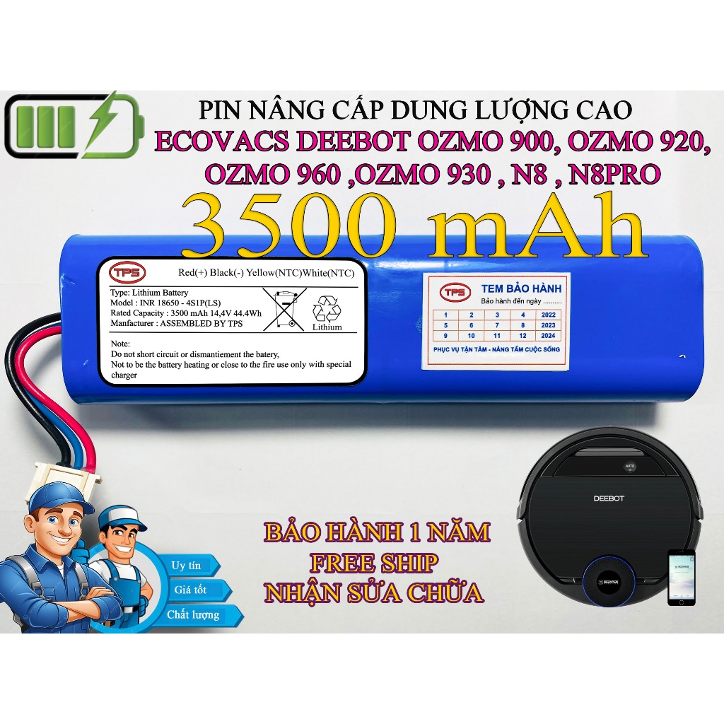 PIN DUNG LƯỢNG CAO ROBOT HÚT BỤI ECOVACS DEEBOT OZMO 900, OZMO 920, OZMO 960 ,OZMO 930 , N8 , N8PRO