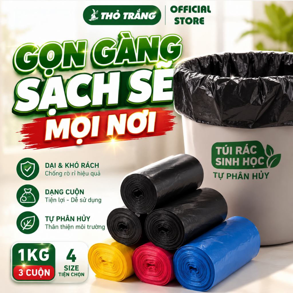 1KG (1 túi 3 cuộn) túi đựng rác sinh học tự phân hủy size nhỏ, trung, đại