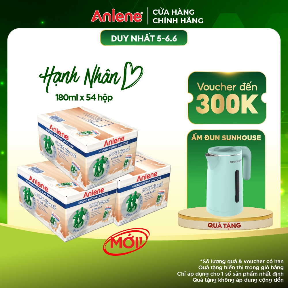 Combo 3 thùng 54 hộp sữa Anlene không đường Lactose vị hạnh nhân (18 x 180ml)