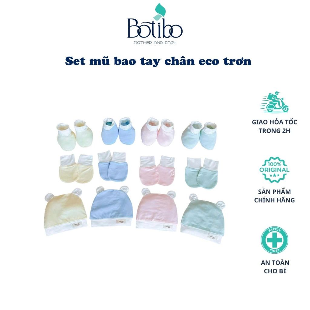 (ECO TRƠN) Bộ Mũ Tai Gấu Và Bao Tay Bao Chân Màu Trơn BOONA Chất Vải Sợi Tre Bamboo Eco Cao Cấp Mềm 