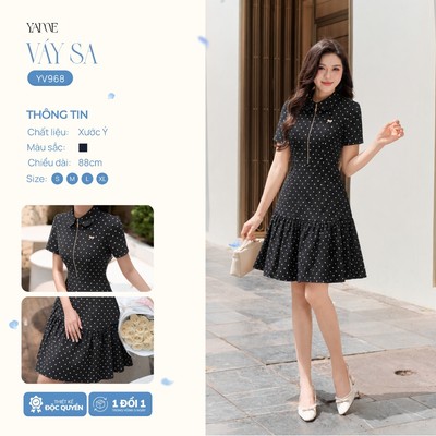 Váy Thiết Kế Nữ YAME Cổ Sen Chấm Bi , Đầm Nữ Dự Tiệc Dáng A Có Cổ Khóa Kéo, Váy Công Sở Thanh Lịch - -SA YV968